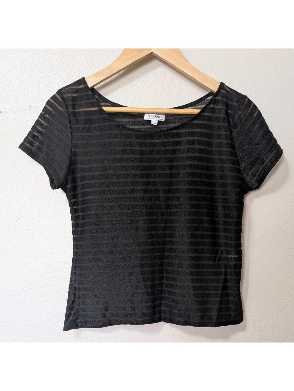 Vintage 1990s Natori Black Sheer Shadow Stripe Mesh Top Large